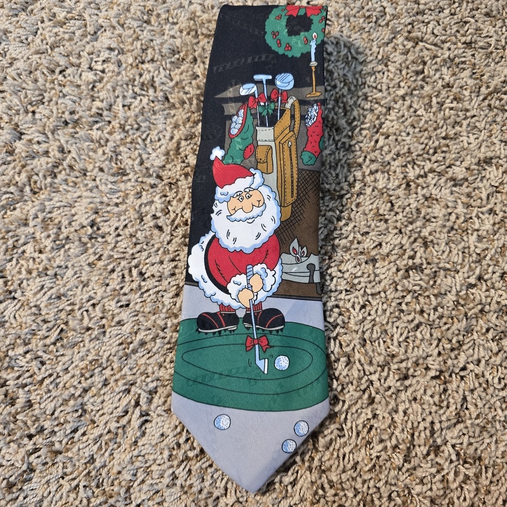 SpecialTies Hallmark Santa Golfing Golf Christmas Holiday Neck Tie 59"